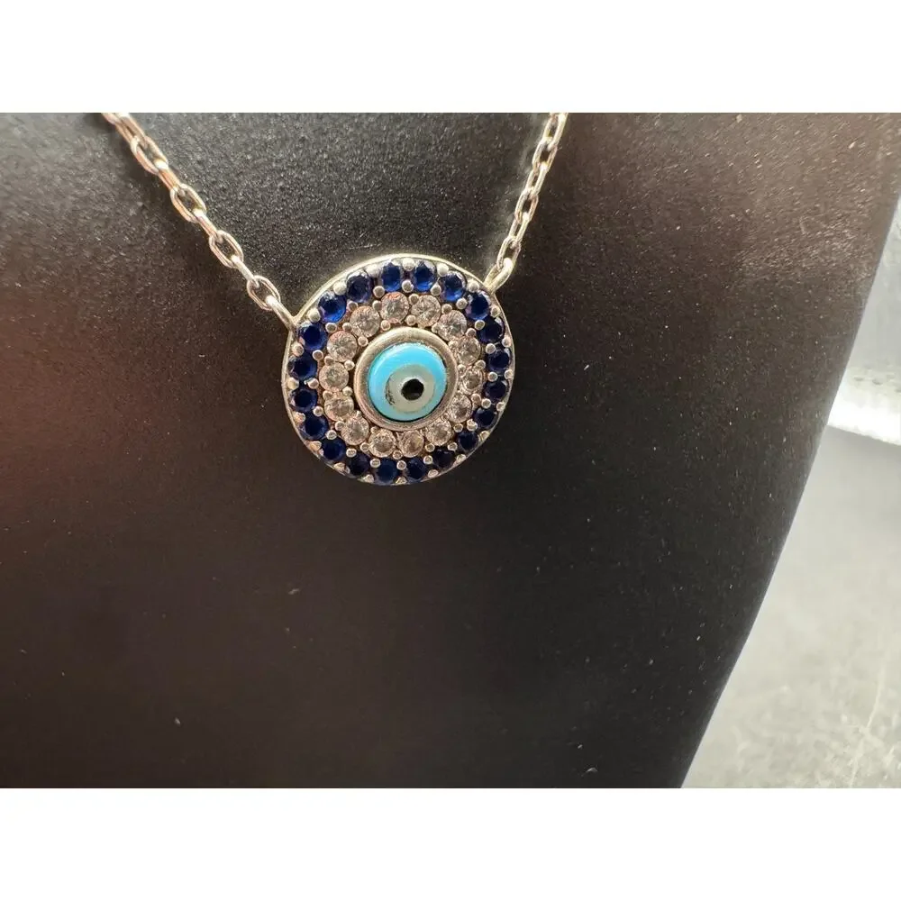 925 Sterling Silver Cubic Zirconia Blue Disc Evil Eye Pendant Necklace 17.5